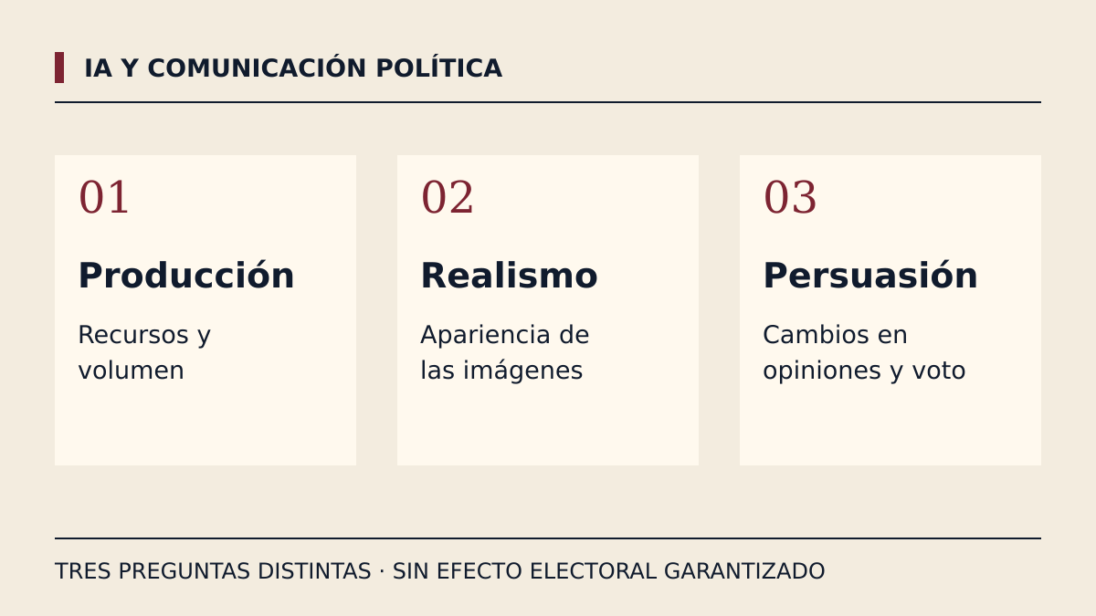 Tres preguntas distintas sobre IA visual: cuánto se produce, cómo se presenta y qué efecto tiene. Producir más no demuestra persuadir más.